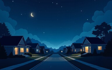 Realistic image of a quiet suburban neighborhood at night, with houses darkened as families sleep and the stars shining brightly above, symbolizing the restfulness of sleep at night. High quality