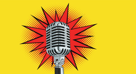 A vintage silver microphone is depicted in a bold pop art illustration, placed on a bright yellow background with a red comic starburst.
