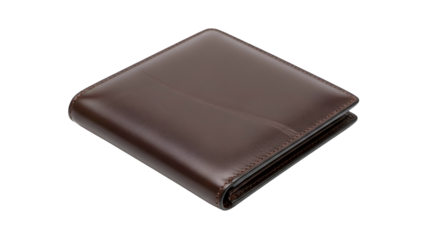 Smooth dark brown leather bifold personal accessory rests against a solid black background