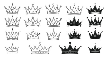 A collection of hand-drawn doodle crowns in various styles, perfect for royal and princess-themed designs.