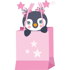 Adorable cartoon penguin peeking out of a pink gift bag adorned with stars and ribbons suitable for baby shower or birthday celebrations