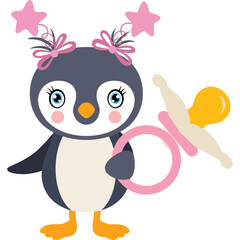 Adorable baby penguin girl wearing pink bows and stars on head holding a pacifier and rattle with a white background