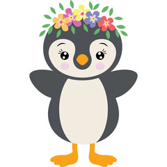 Adorable Baby Penguin Wearing A Floral Crown With Open Arms And Fluffy White Belly Against A Transparent Background