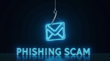 A glowing blue hook with an envelope symbol represents a phishing scam, set against a dark background.