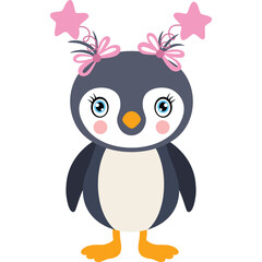 Adorable Baby Penguin Wearing Pink Star Antennae and Bows with Blue Eyes and Orange Beak on a Transparent Background