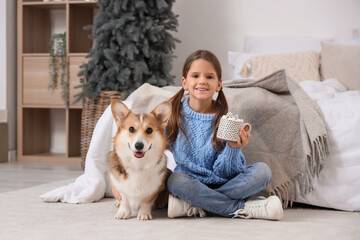 Cute smiling girl with Corgi dog and cup of cocoa sitting on floor on Christmas eve at home