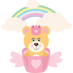 Adorable Bear Princess in a Pink Cup with Wings and a Crown Under a Pastel Rainbow and Clouds Featuring a Transparent Background