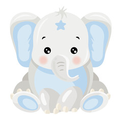 Adorable Cartoon Elephant Sitting Wearing Blue and Gray Clothes with Star Detail on Head and Pink Cheeks Perfect for Baby Shower Decor or Childrens Books