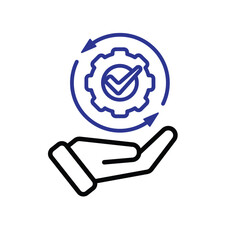 Automation icon. AI. Gear with a check mark and two circular arrows in hand. automatic, manager, web. Outline design style.