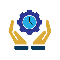 Automation icon. Artificial intelligence. Gear with a clock in the middle in two hand. automatic, manager, web. Flat design style.