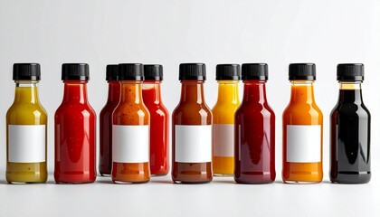 Nine assorted sauce bottles lined up against a white background, showcasing a range of vibrant colors from mustard yellow to deep red and brown. Each bottle features a blank white label and black cap,