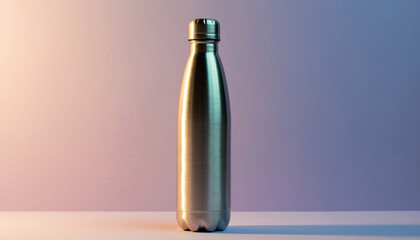 Shiny stainless steel water bottle standing on gradient pastel background, modern reusable drinkware concept for eco lifestyle, hydration, and minimal design branding mockup.