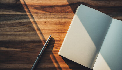 Minimalist photo of an open notebook and silver pen on wooden table with warm sunlight and soft shadows, perfect for business, writing, creativity, and office inspiration themes.