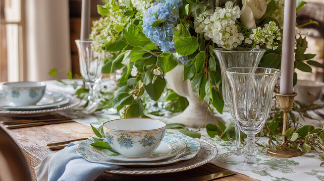 Rustic farmhouse table setting prepared for a special event, featuring a floral centerpiece and vintage tableware