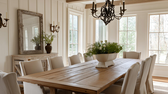 Farmhouse dining room with wooden table, slipcover chairs, chandelier, mirror, rustic neutral interior design