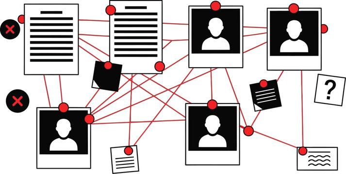 Detective board evidence investigation crime scene linked photos clues