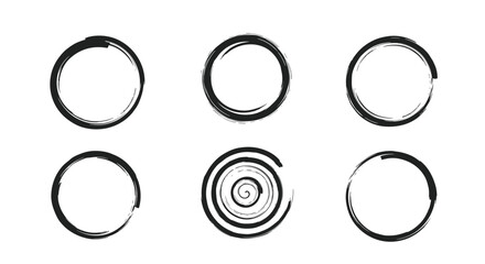 A collection of six hand-drawn brush stroke circles and a spiral, offering versatile design elements for modern and artistic projects.