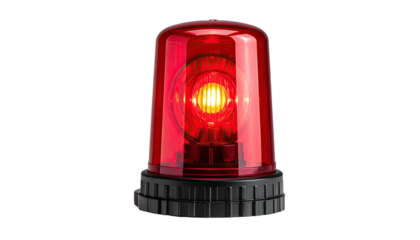 Lit red emergency siren lamp, isolated against a black background