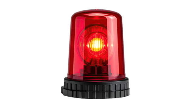 Lit red emergency siren lamp, isolated against a black background