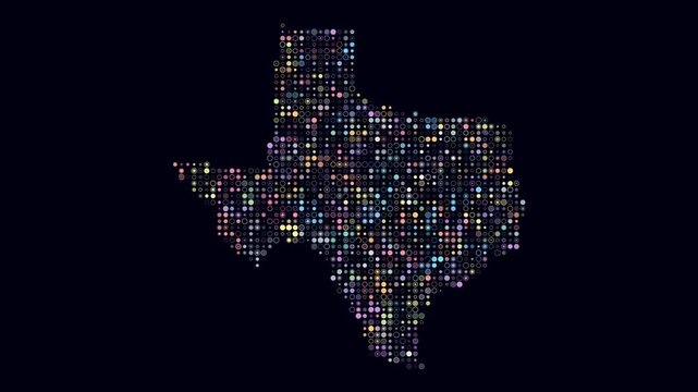 Texas animated shape. Pulsating colored dots on the map of the state. Small size circle blocks. Digital style Texas map on dark background. Classy animation video.