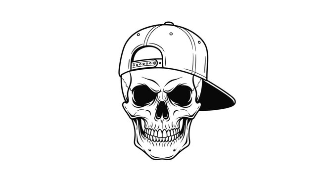 A menacing human skull wearing a baseball cap backward, depicted as a detailed black and white illustration on a white background.