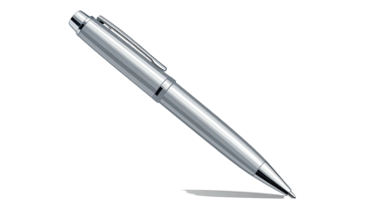 Shiny metal pen rests diagonally against a dark background