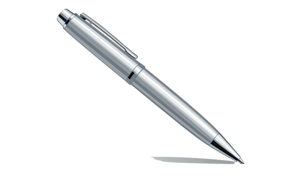 Shiny metal pen rests diagonally against a dark background