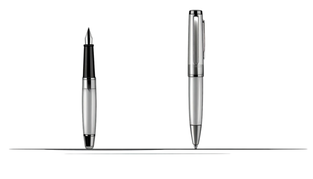 Two silver writing pens isolated on a pure black background