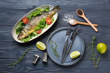 Plates with delicious cooked seabass fish, lettuce, tomatoes, herbs, spices and lime slices on grey wooden background