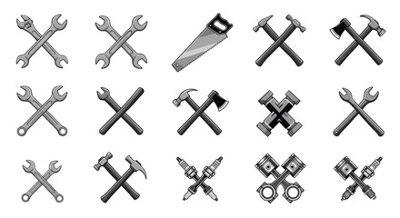 Obraz premium Monochrome set of crossed wrenches, hammers, axes, saw, and automotive parts, symbolizing mechanics, construction, and repair services.