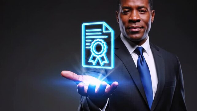 A suited man offers a glowing certificate. A blue neon graphic hovers