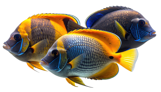 Three tropical fish display vibrant, contrasting colors