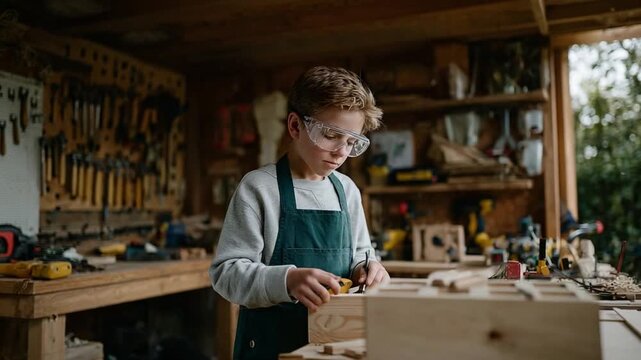 Artisan in Training: A young artisan, engrossed in his craft within a workshop setting, meticulously shaping a piece of wood. The image captures the focus and dedication.