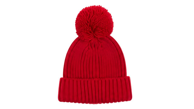 Vivid red knitted winter hat featuring a large pompom displayed against a dark background
