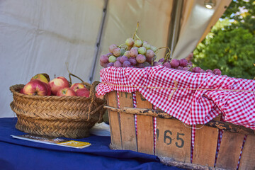 Baskets of fresh apples and grapes displayed on a table with red checkered cloth at a local Granada market in Spain. rustic harvest