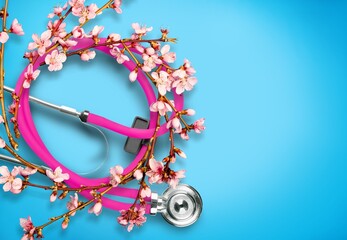 Women's health concept, stethoscope and fresh flowers