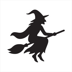 Silhouette Witch riding broomstick Halloween holiday vector illustration