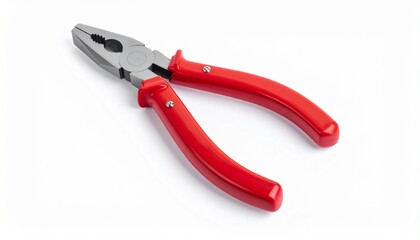 Fototapeta premium Red-handled pliers on white background, showcasing metallic jaws and ergonomic grip.