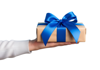 Hand offering carefully wrapped present with blue ribb. Isolated on transparent background, png