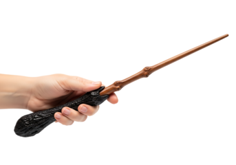 Hand holding a detailed magic wand on a dark backdrop ready for fantasy magic. Isolated on transparent background, png