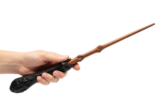 Hand holding a detailed magic wand on a dark backdrop ready for fantasy magic. Isolated on transparent background, png