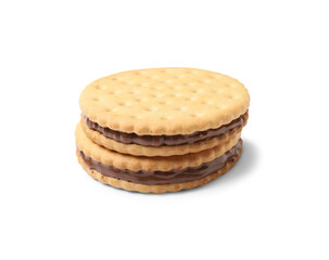 Tasty sandwich biscuits with chocolate cream on white background