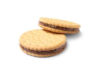 Tasty sandwich biscuits with chocolate cream on white background