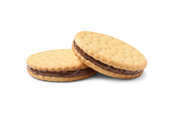 Tasty sandwich biscuits with chocolate cream on white background
