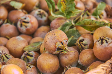 Close-up of ripe medlar fruits with green leaves in a basket at a local Granada market, showing their rustic texture and natural colors. autumn harvest