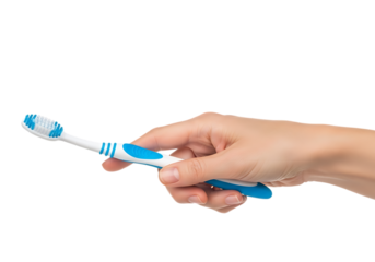Hand holding toothbrush for daily dental hygiene routine and oral care. Isolated on transparent background, png