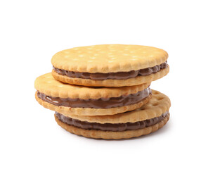 Tasty sandwich biscuits with chocolate cream on white background