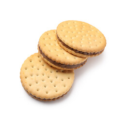 Tasty sandwich biscuits with chocolate cream on white background