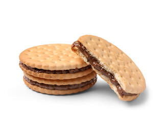 Delicious sandwich biscuits with chocolate cream on white background