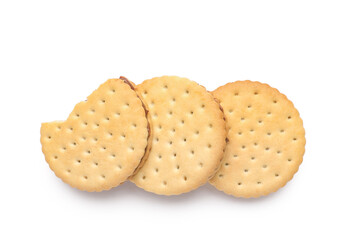 Delicious sandwich biscuits with chocolate cream on white background